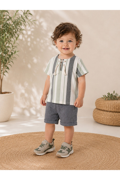 WE&ME Baby Boy Striped Linen Look Shorts Set with Lace-Up Detail for Summer