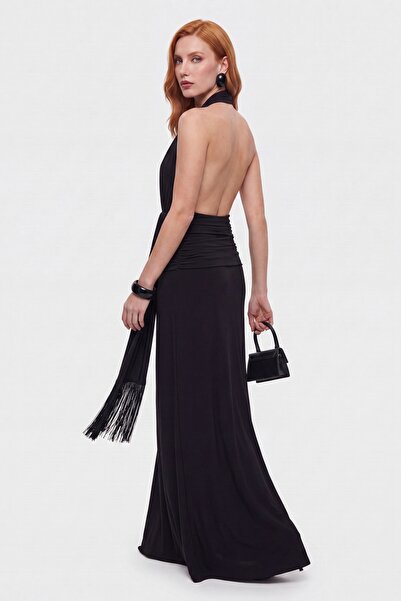 Lafaba Women's Black Backless Tassel Detail Long Formal Dress