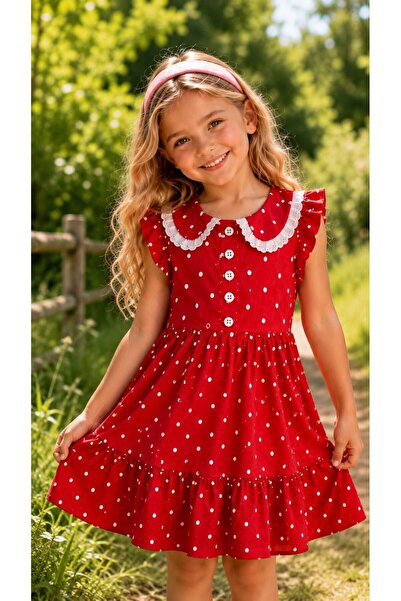 Kuzucuk Kids Bebek Çocuk Butik Kız Çocuk Kırmızı Puantiyeli Bürümcük Kumaş Ya...