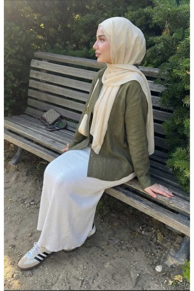 blackbonds Khaki Oversize Cotton Linen Shirt with Pockets Trendy Loose Drop Shoulder Women's