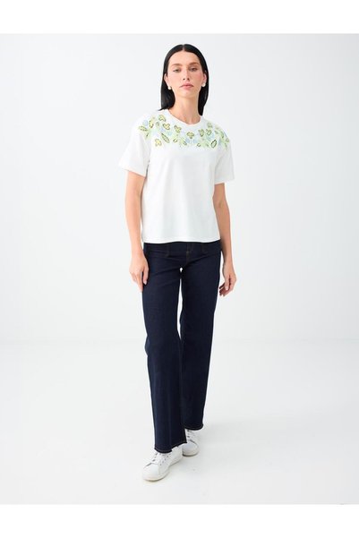 Jimmy Key Tricou din bumbac cu guler rotund și imprimeu floral, în nuanță albă moale