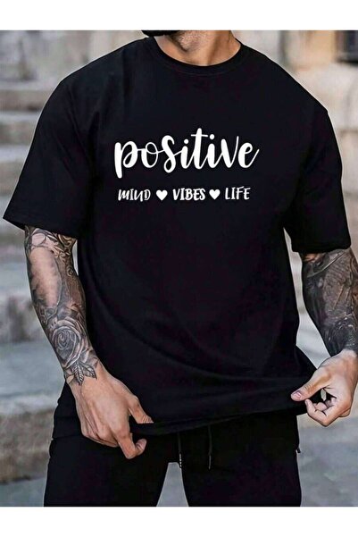 799 تي شيرت رجالي أسود 100% قطن بطباعة 'Mind Vibes Positive Life' ملهمة للحيا...