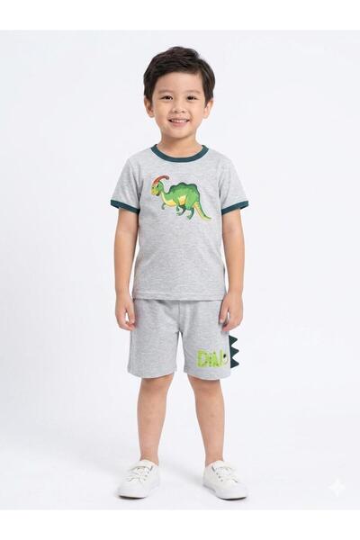 Maison Bebe Edelweiss Boys' Green Ribbed Dinosaur Print T-Shirt and Thorn Det...