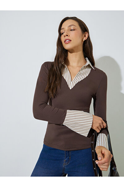 Styli Brown Layered Collar Long Sleeve Top