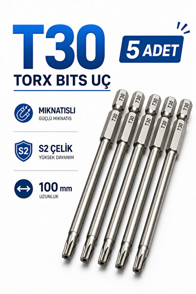 Badem10 (5 Adet) Manyetik S2 Torx T30 Bits Uç 100 mm Uzun Tornavida Matkap Vi...