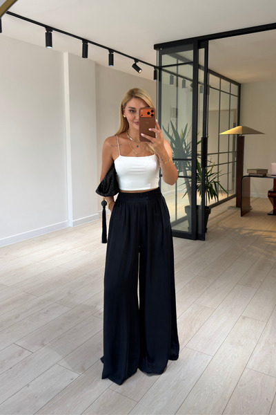 Sezgi Tekin Black Elastic Waist Satin Loose Trousers
