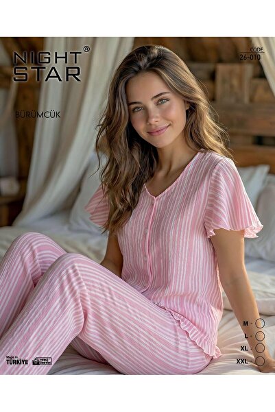 Night Star Hilla Bürümcük Pembe Çizgili Pijama Takımı