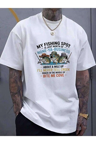 23ERVA تي شيرت رجالي مرح بتصميم شعار "My Fishing Spot" و "Bite Me Bay" - للأن...