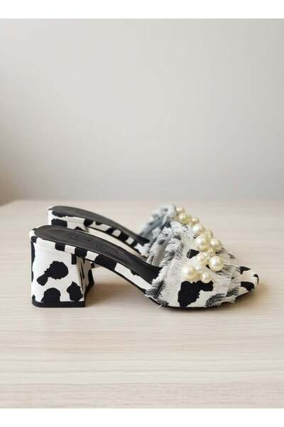 dabab shoes Nubia Women's Pearl Detailed Straw Heeled White Leopard Slippers ...