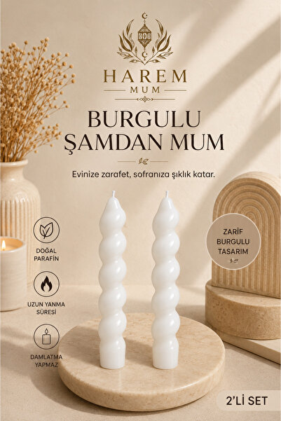 Harem Mum Beyaz Burgulu Şamdan Mum El Yapımı 2’li Set