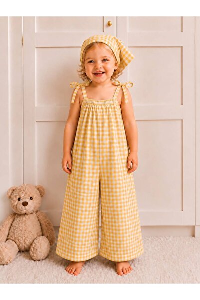 Moda Lina Baby Κίτρινο καρό υφασμάτινο σετ ποπλίνας με τιράντες για κορίτσια ...
