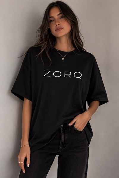 ZAVIXO تي شيرت نسائي كبير الحجم مطبوع عليه ZORQ مصنوع من القطن بنسبة 100% - ت...