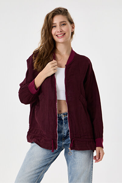 della moor Burgundy Italian 100% Linen Low Sleeve Zippered Oversize Linen Jac...