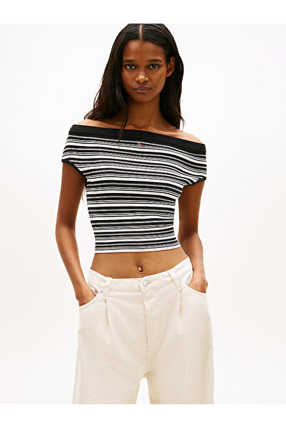 Tommy Hilfiger Kadın Off Shoulder Çizgili Kazak