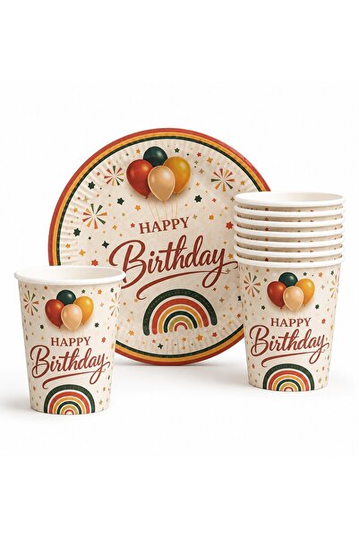 BKMC PARTY Happy Birthday Karton Bardak ve Tabak Seti | 8 Kişilik Doğum Günü ...