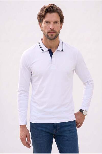 Tudors Men's Slim Fit 100% Cotton Long Sleeve White Polo Collar T-Shirt
