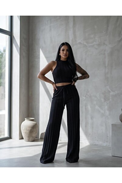 Trend Kapında Women's Halter Neck Crop Blouse and Wide Leg Pants Two-Piece Set