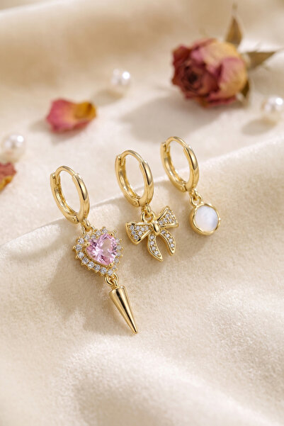 evimdeyokyok Gold Color Heart Detailed 3-Piece Zircon Stone Earrings Tj-Bkp11980