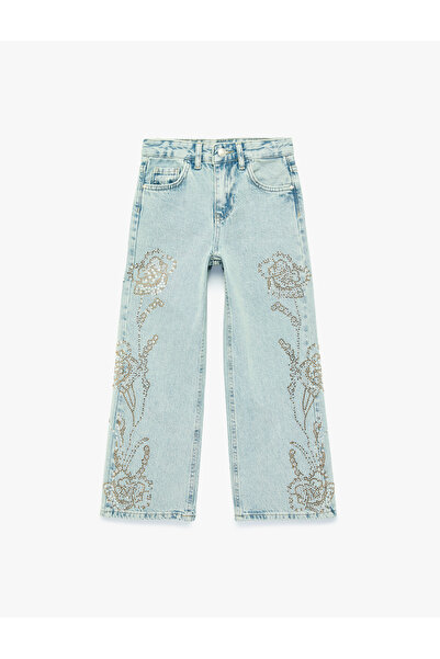Koton Yüksek Bel Cep Detaylı Çiçek Nakışlı Bol Paça Denim Pantolon