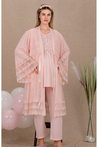 MOPİ Women's Cotton Maternity and Postpartum Pajama Set - 3-Piece Set with Nursing Detail and Robe