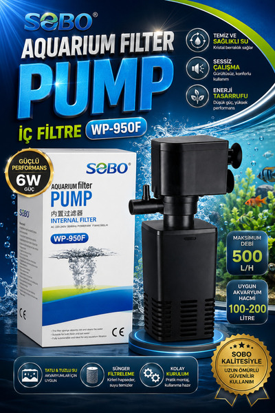 Sobo WP-950F İç Filtre 500 L/H 6W Sessiz Akvaryum İç Filtre Motoru Tatlı ve T...