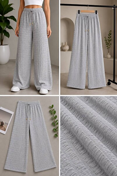 BoraVelli Embossed Textured Wide-Leg Women's Trousers with Elastic Waist