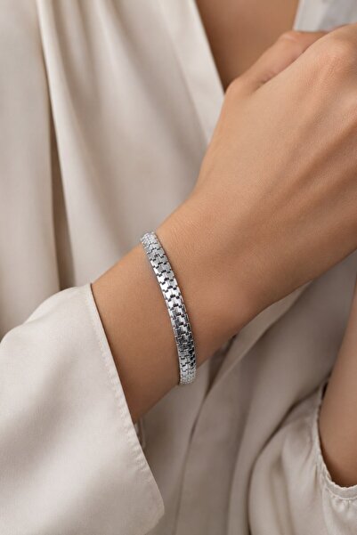 X-Lady Accessories Gümüş Renk Erkek Kadın Unisex Yassı Tırtıl Birbirine Geçmeli Model Künye Çelik Bileklik - 3919