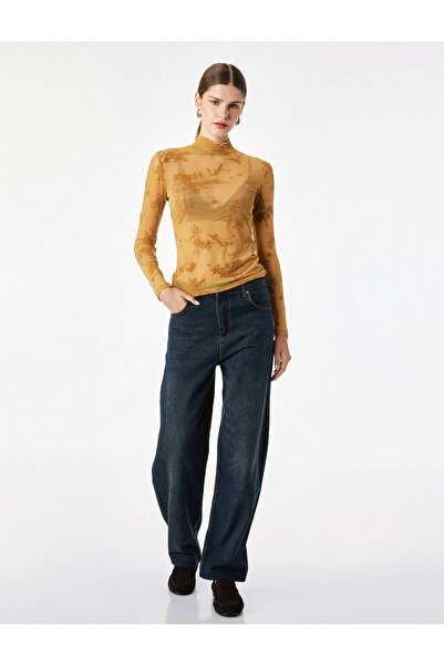 Koton Slim Fit High Neck Long Sleeve Floral Tulle Blouse