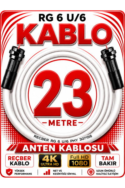 Reçber Anten Kablosu RG 6 U/6 307156 Tam Bakır Beyaz 23 METRE