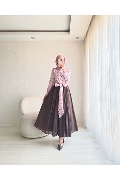 BELLASTORE Polka Dot Patterned Shirt & Pleated Skirt Set