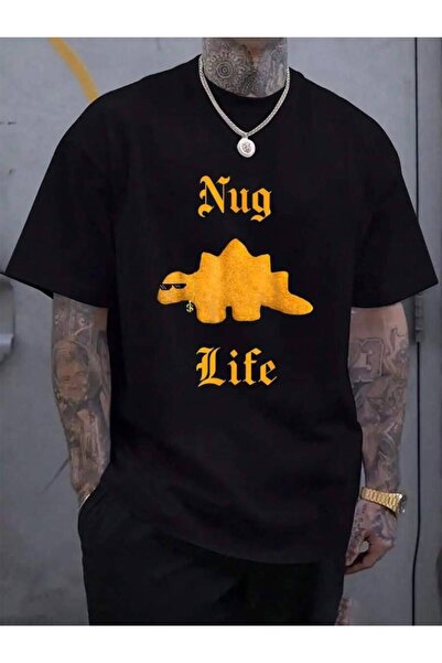 KYMC07 تي شيرت رجالي أسود للعطلات من القطن 100%، بتصميم Nug Life Nuggs Dino C...