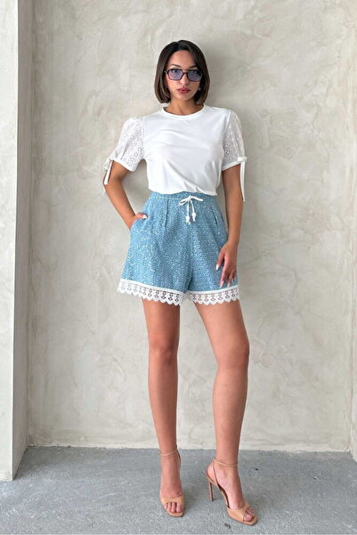 VERYMODA Guipure Detailed Sequined Denim Shorts - Blue |   D2866