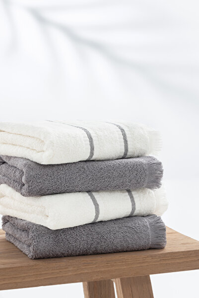 Yataş Efren 4-Piece 100% Cotton Hand & Face Towel Set - Anthracite/Ecru