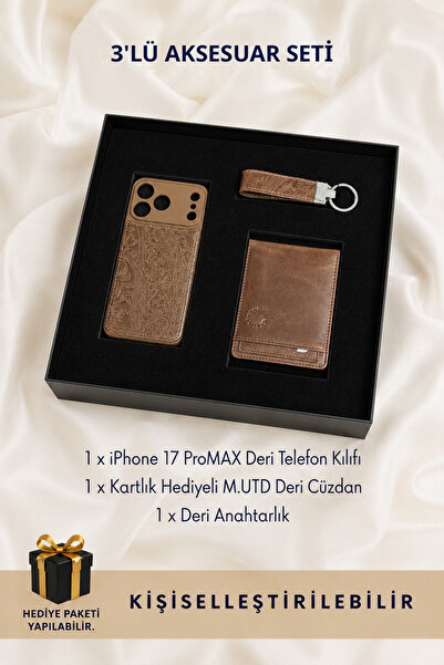 CüzCan Premium Hakiki Deri Hediye Seti - Motifli Yeşil Cüzdan Anahtarlık & iP...