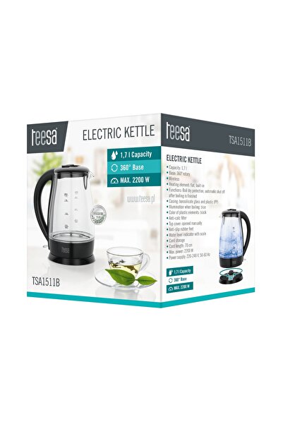 NO BRAND Fierbător electric fără fir, din sticlă, negru, 2200W, 1.7L, Tesa