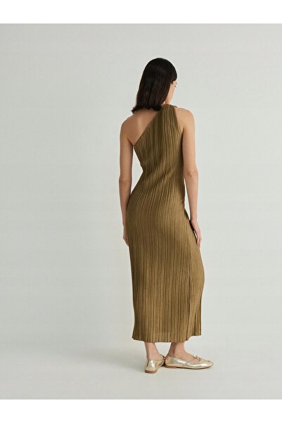 NO BRAND Reserved S Rochie midi verde kaki, cu un umăr, plisată, croială dreaptă