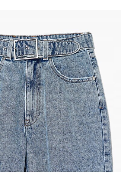 NO BRAND PANTALONI DE BUMBAC ALBASTRU, STIL STRAIGHT, CU CUREA, LUNGIME 7/8, ...
