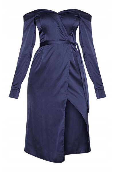 NO BRAND Rochie midi din satin bleumarin cu umeri goi Prettylittlething 40