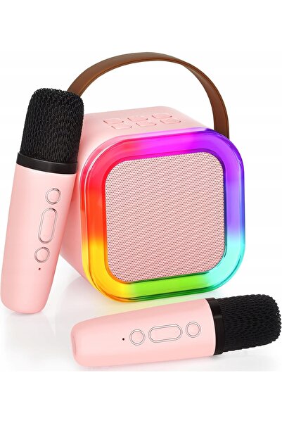 NO BRAND Set difuzor karaoke mini LED cu 2 microfoane K12 Bluetooth Roz