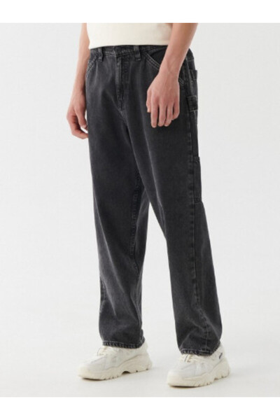 NO BRAND Pantaloni gri închis, blugi spălați, din bumbac, croială dreaptă, bu...