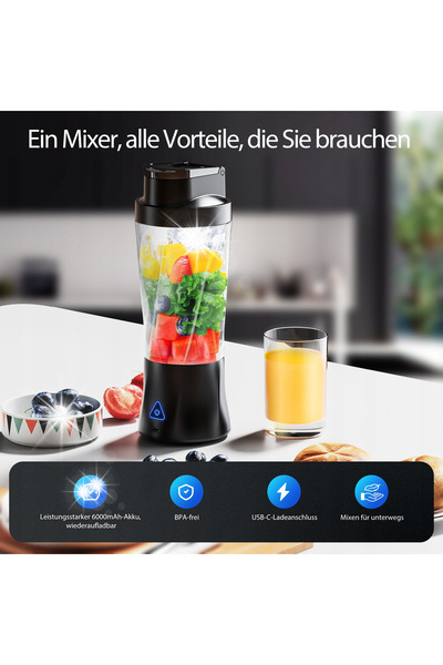 NO BRAND Blender portabil fără fir de 600 ml, încărcare USB-C, baterie de 600...