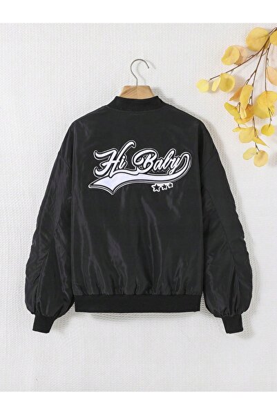 NO BRAND Jachetă bomber neagră, cu mânecă lungă, broderie cu textul „shein” p...