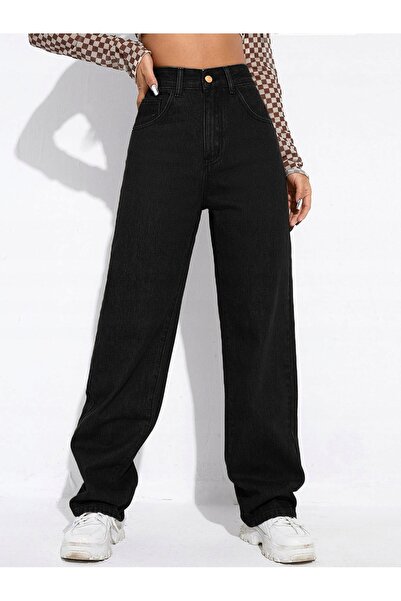 NO BRAND Pantaloni din denim negru, lungi, clasici, cu talie înaltă, din bumb...