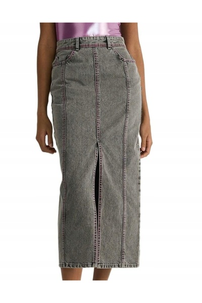 NO BRAND Fustă plisată midi din denim de bumbac gri, cu talie înaltă, Reserve m