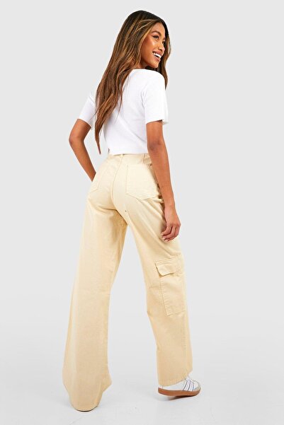 NO BRAND Boohoo 38 Pantaloni cargo bej cu talie înaltă și croială dreaptă Boo...
