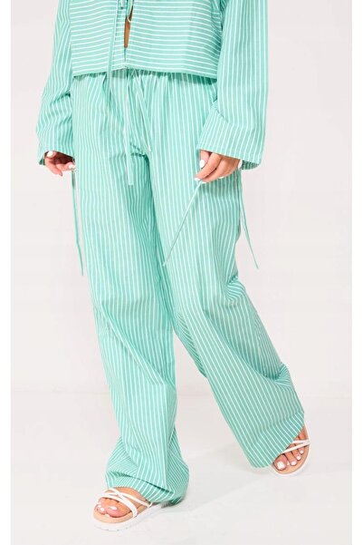 NO BRAND Pantaloni verzi cu dungi, cu picior larg, cu șnur, Prettylittlething 34