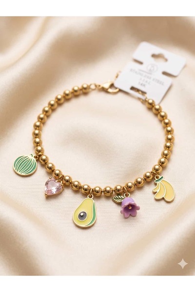 Çelik Colorful Enamel Fruit Figure Charm Bracelet Gold