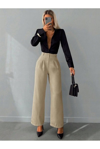 NO BRAND Pantaloni clasici simpli bej, cu talie înaltă, netezi, chic, mărimea S.