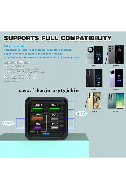 NO BRAND 6 în 1, 3 USB + 3 Type C, încărcător rapid de telefon mobil de 150W