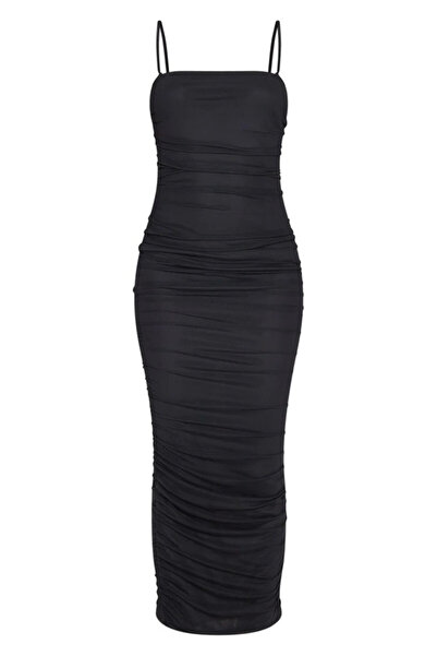 NO BRAND Prettylittlething Rochie neagră midi mulată, tip cocktail din plasă, 38